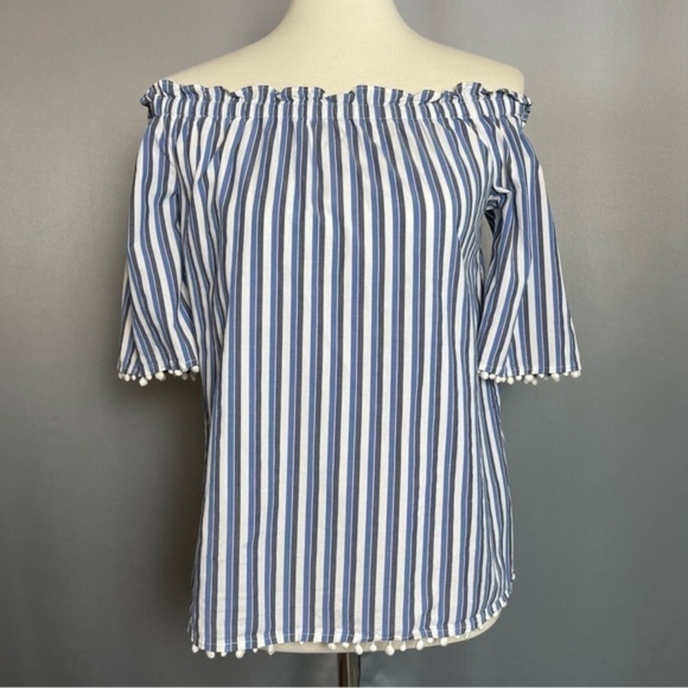 Trina Turk Off Shoulder Blue White Striped Pom Pom Blouse Top Size Small - Picture 3 of 13